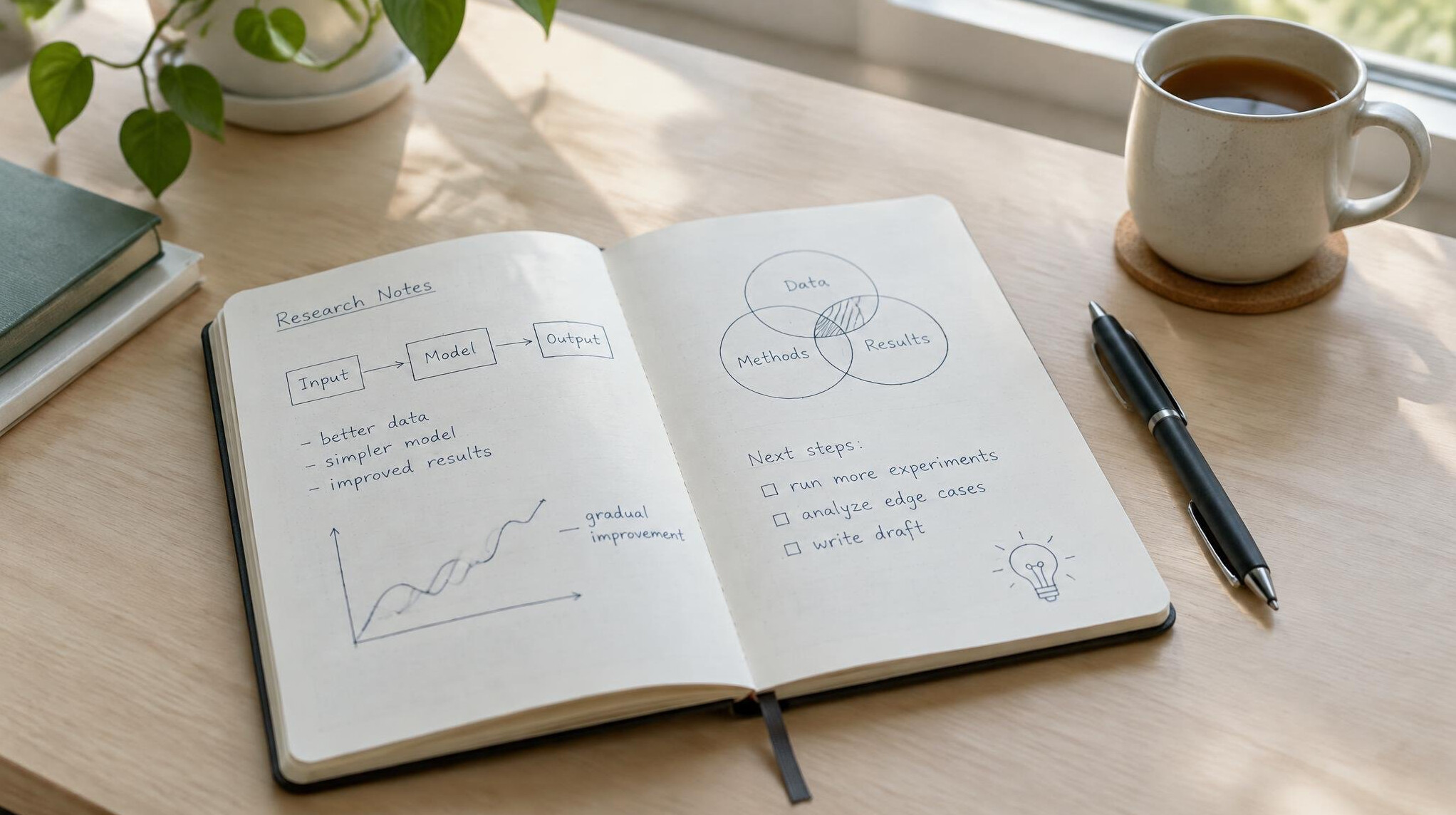 Hand-written notes and a notebook on a desk with a pen