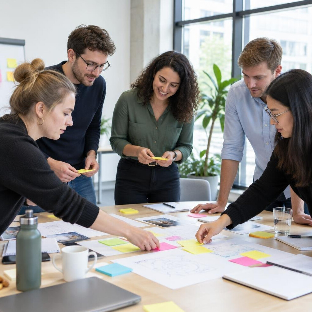 Group of colleagues brainstorming with sticky notes in a workshop