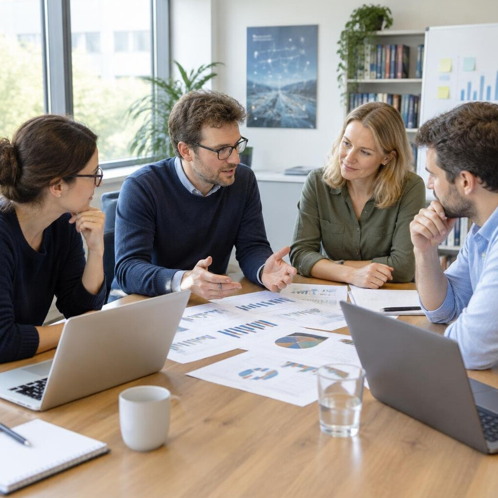 Team of researchers analyzing data together at a table with laptops